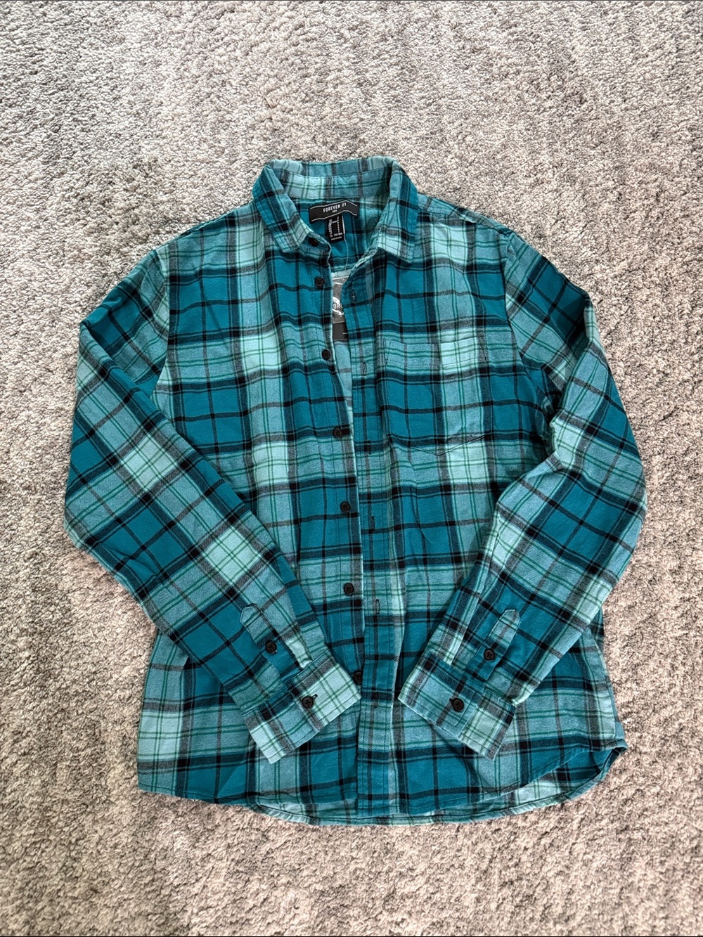 Forever 21 Teal Plaid Long-Sleeve Button-Down Shirt